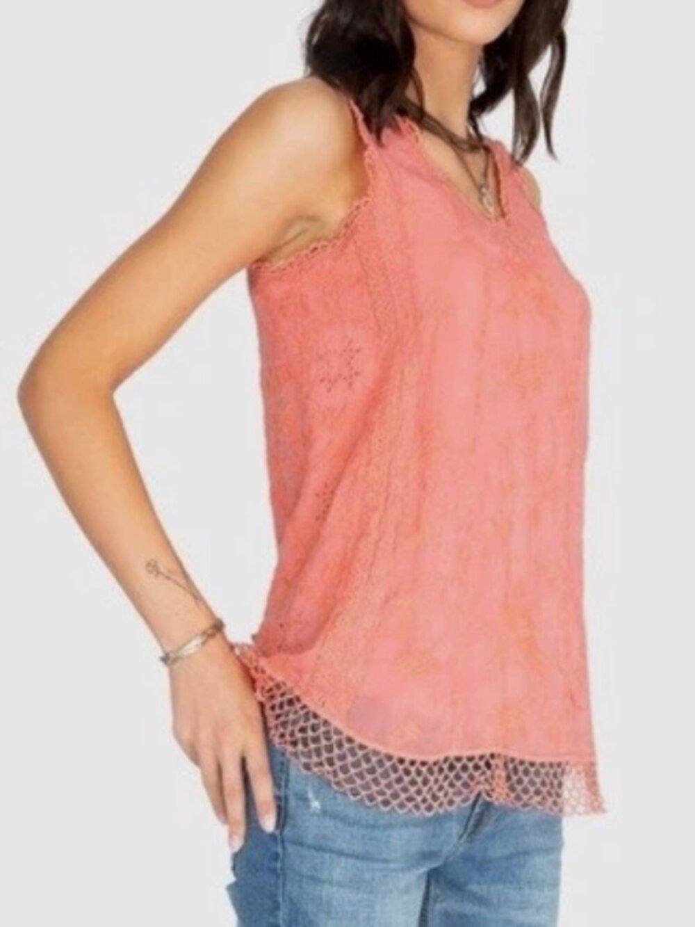 Johnny‎ Was Top Womens Small Quynn Embroidered Floral Eyelet Crochet Tank Pink L